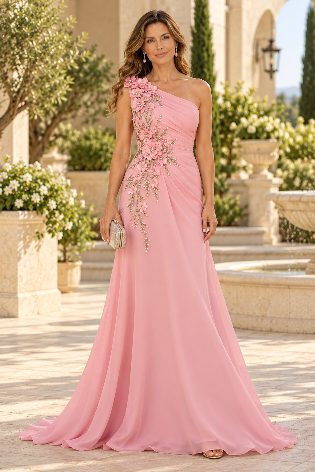 One-Shoulder 3D Floral Applique Chiffon Gown