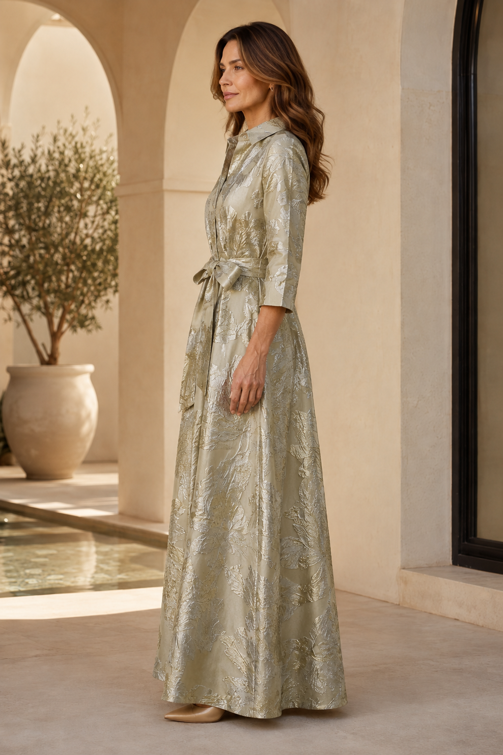 Metallic Floral Jacquard Shirt Dress with Belted Waist