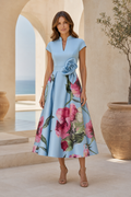 Floral Print Fit-and-Flare Midi Dress with Flower Waist