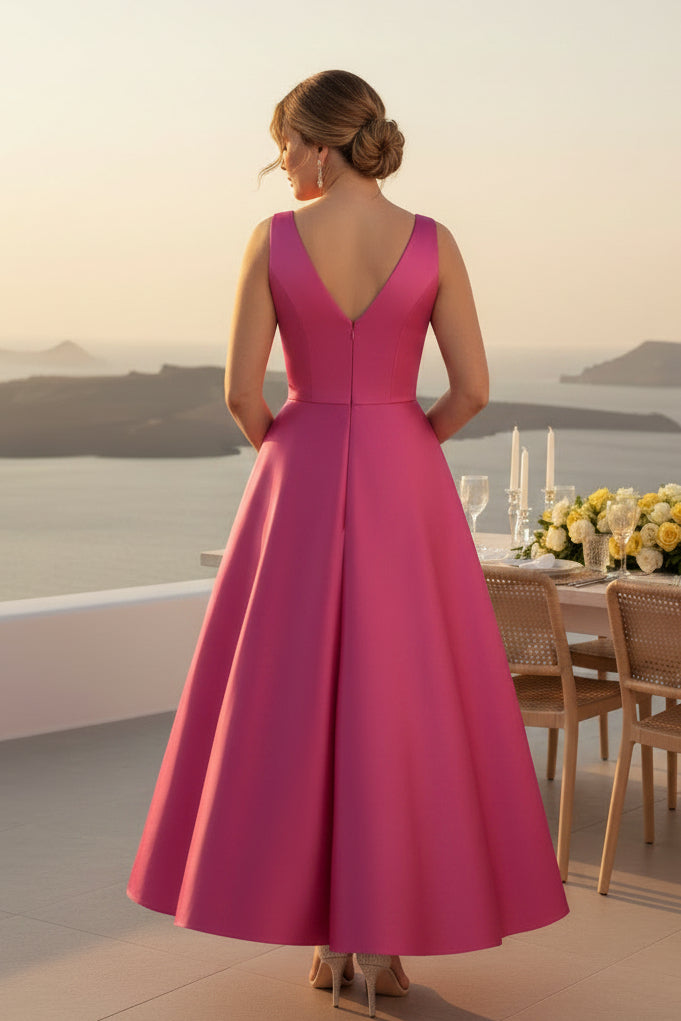 Satin V-Neck Midi A-Line Dress with Bow and Pockets