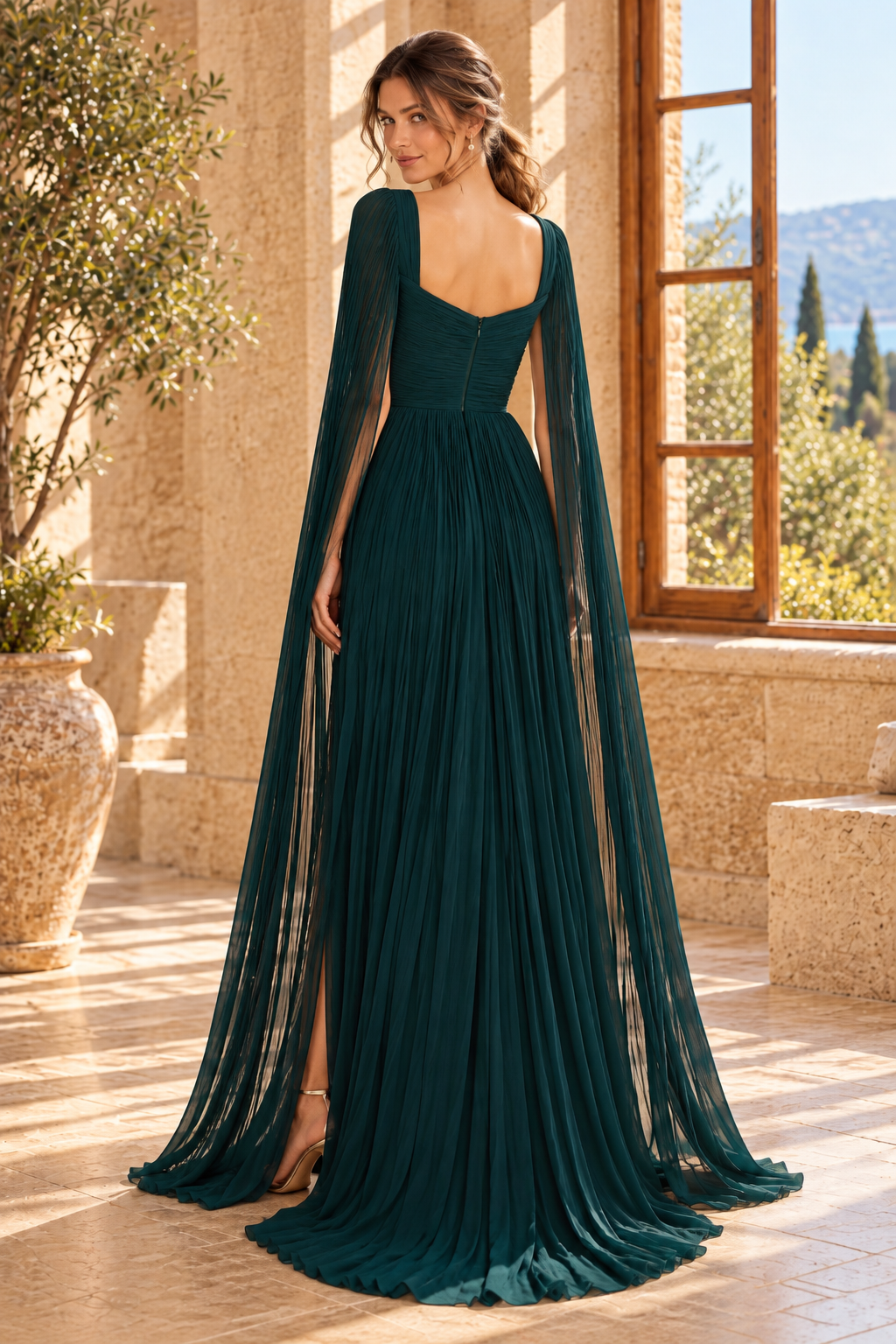 Pleated Cape Sleeve Gown with Applique