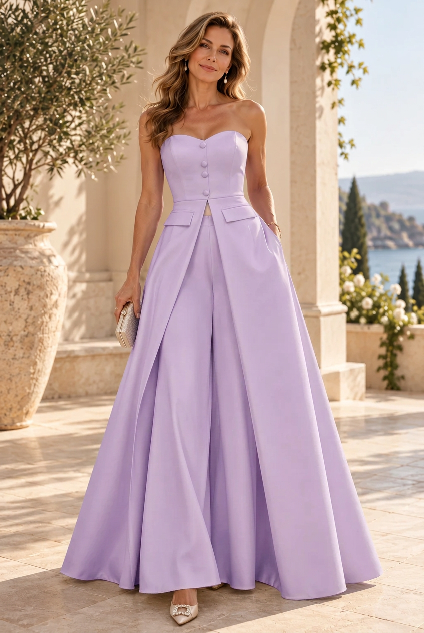 Strapless Wide-Leg Jumpsuit with Overskirt