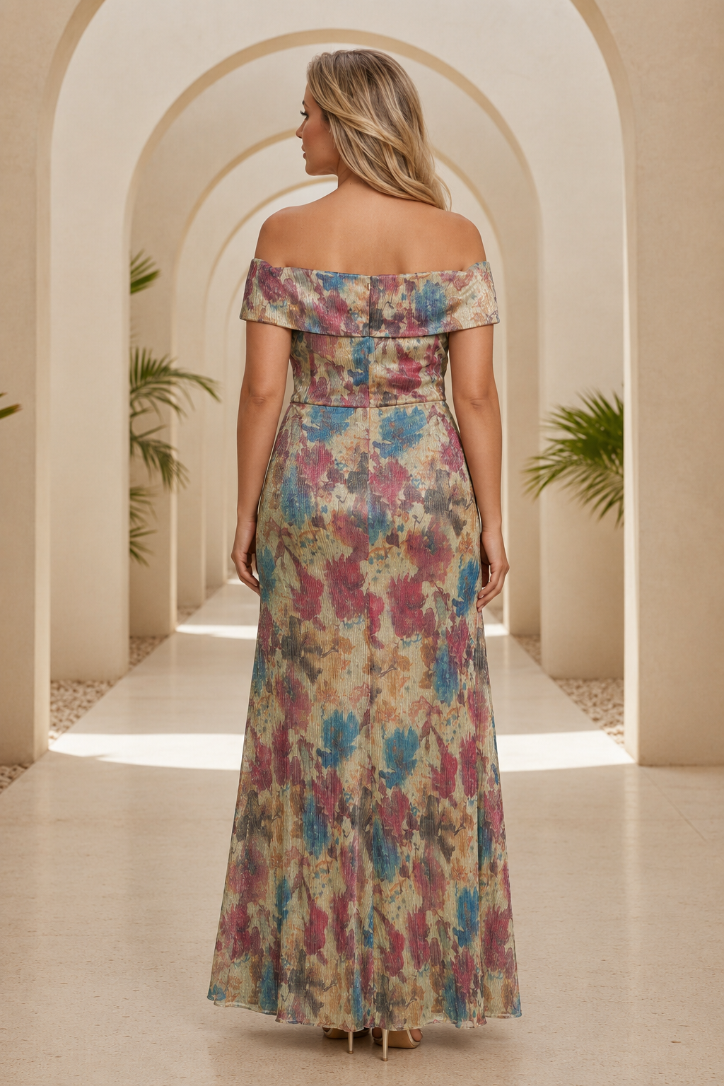 Off-Shoulder Floral Print Maxi Dress with High Slit