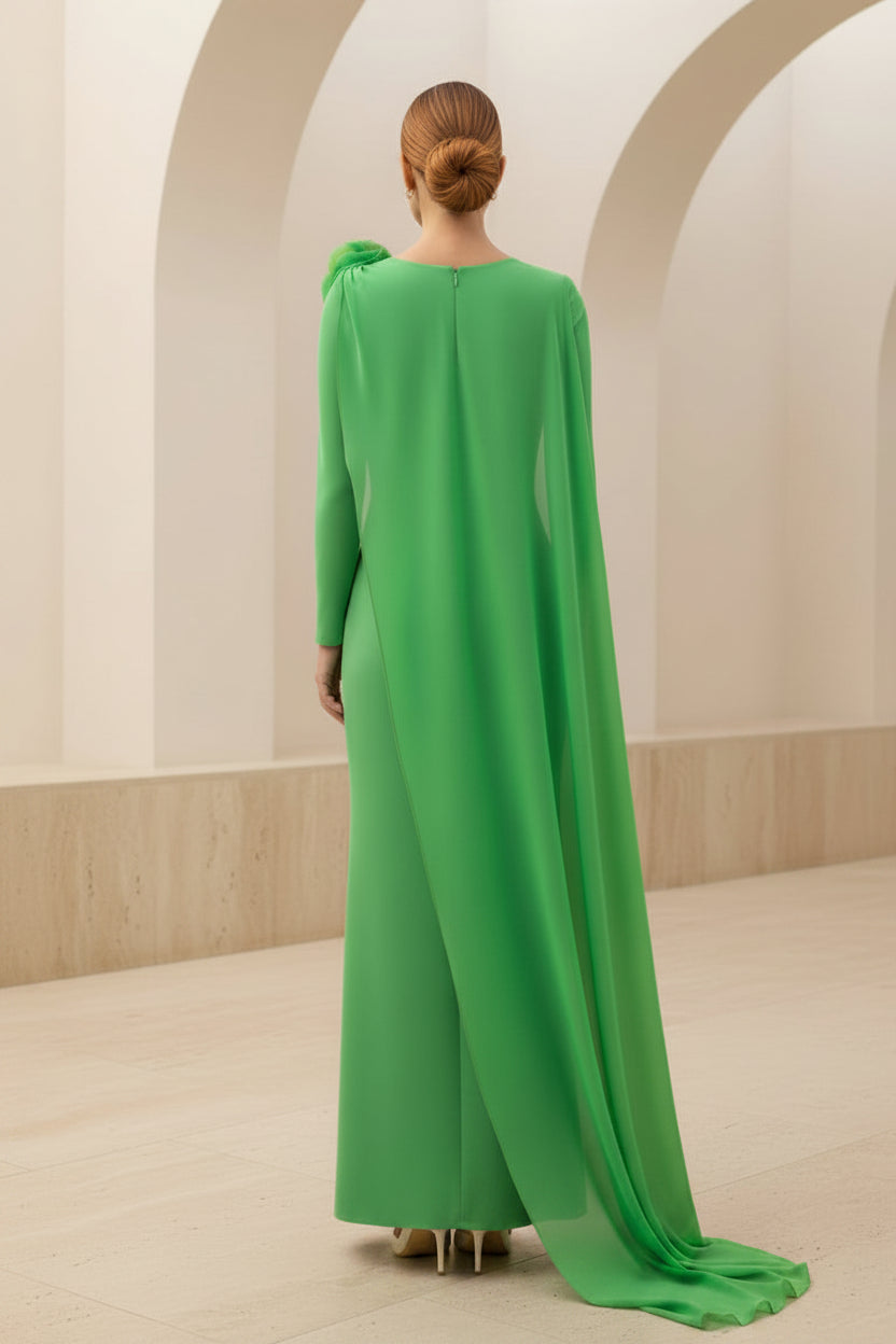Asymmetric Cape Sheath Gown with 3D Flower