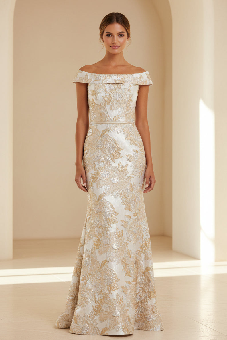 Off-the-Shoulder Jacquard Trumpet Gown