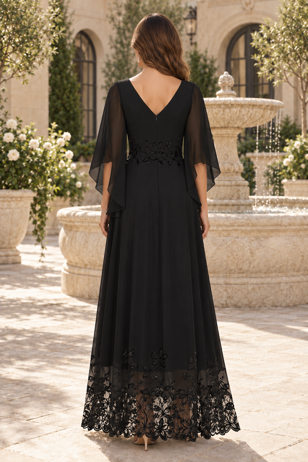 Flutter Sleeve A-Line Gown with Floral Appliques