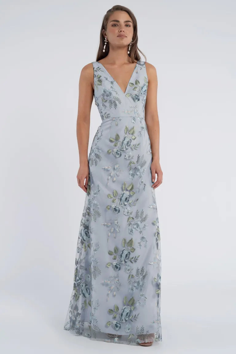 Floral Embroidered V-Neck A-Line Gown