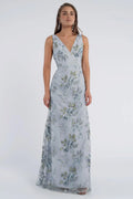 Floral Embroidered V-Neck A-Line Gown