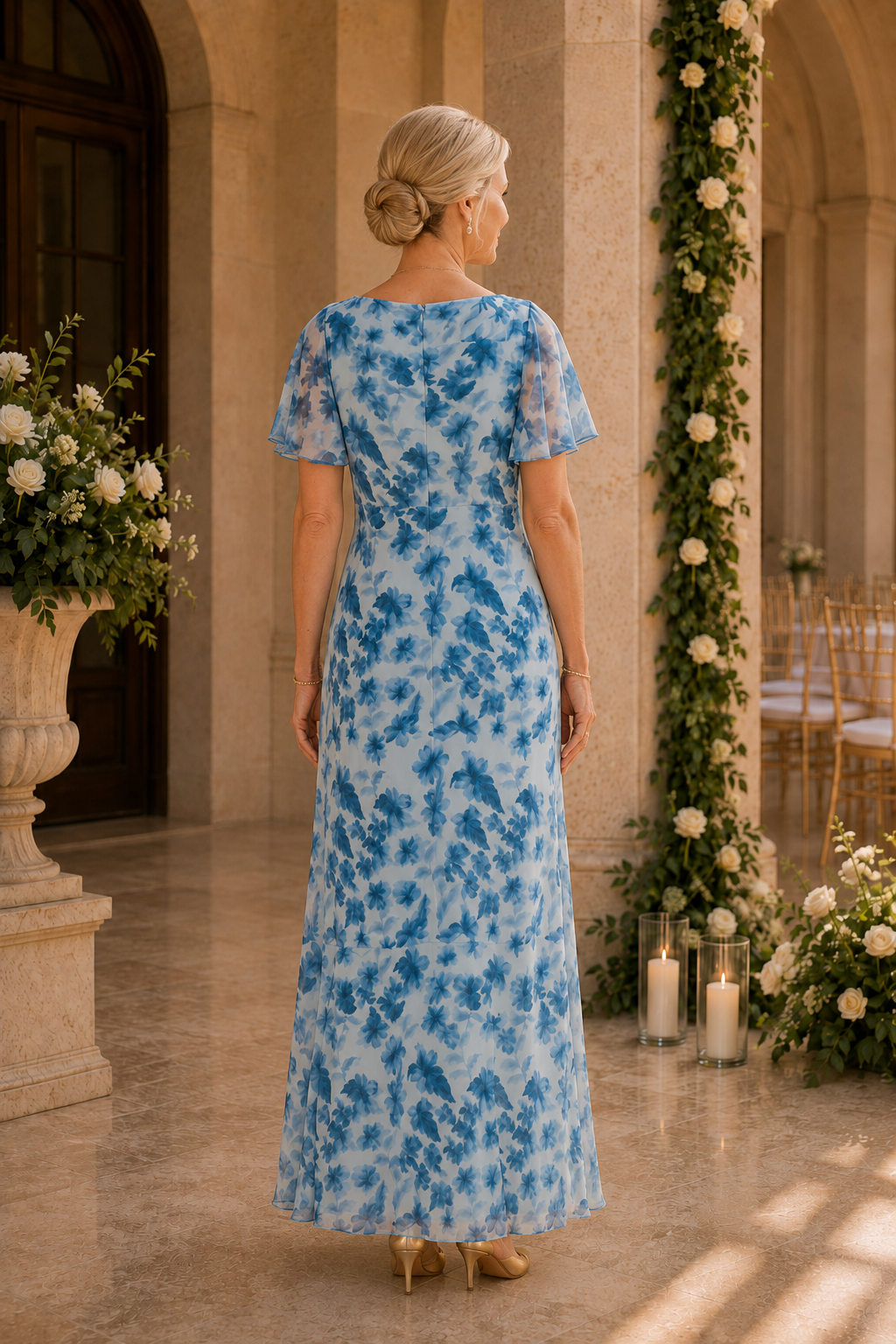 Floral Print Cowl Neck Flutter Sleeve Maxi Dress