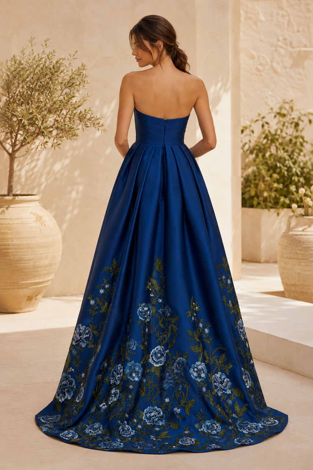 Strapless Floral Embroidered Satin A-Line Evening Gown