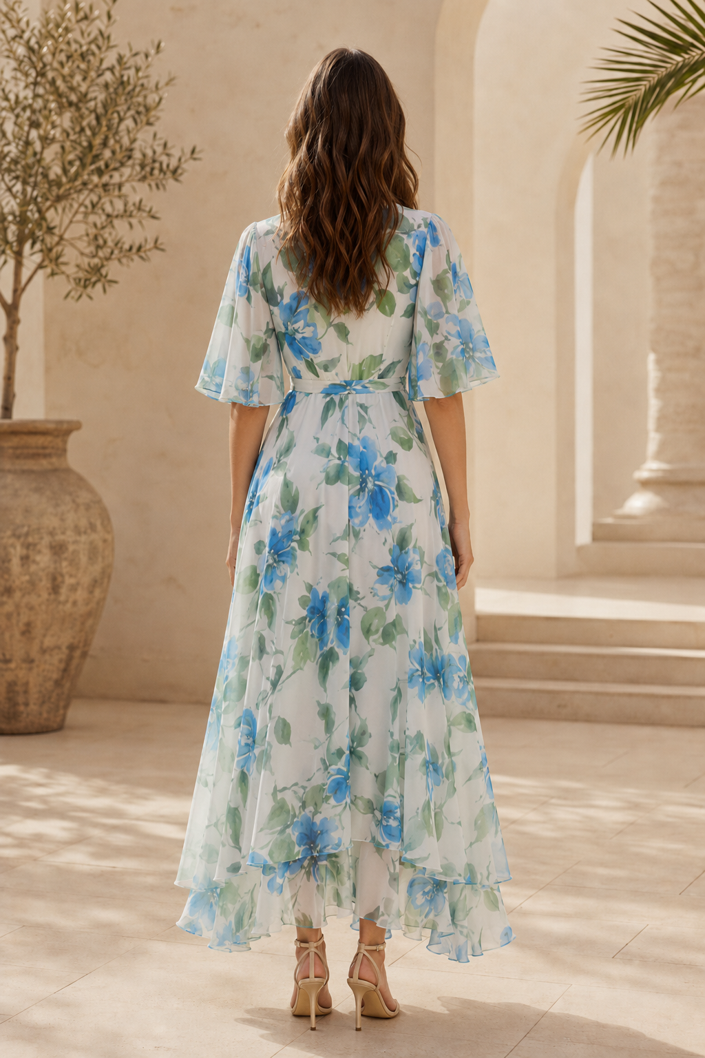 Floral Flutter Sleeve High-Low Maxi Dress