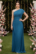 Pleated One-Shoulder Asymmetrical Midi Dress
