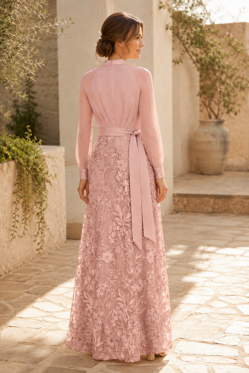 A-Line Lace and Chiffon Evening Gown with Long Sleeves