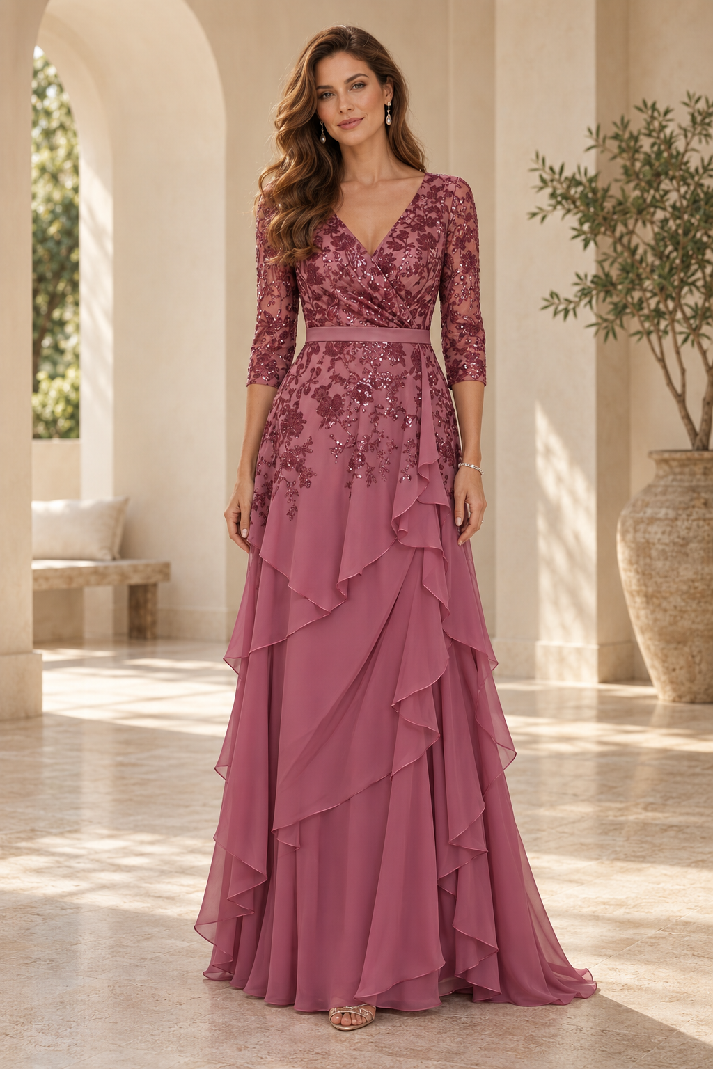 Tiered Chiffon Gown with Sequined Lace Bodice
