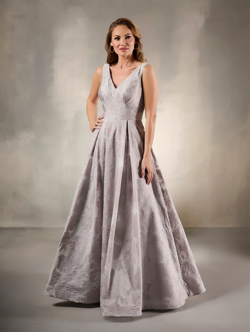V-Neck Pleated Jacquard A-Line Evening Gown