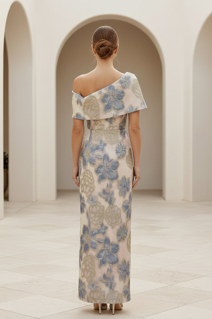 Floral Jacquard One-Shoulder Cape Maxi Dress