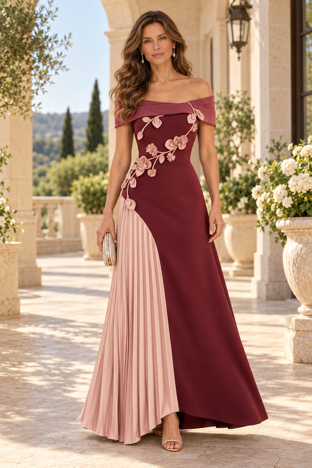 Pleated Inset Gown with 3D Floral Appliques