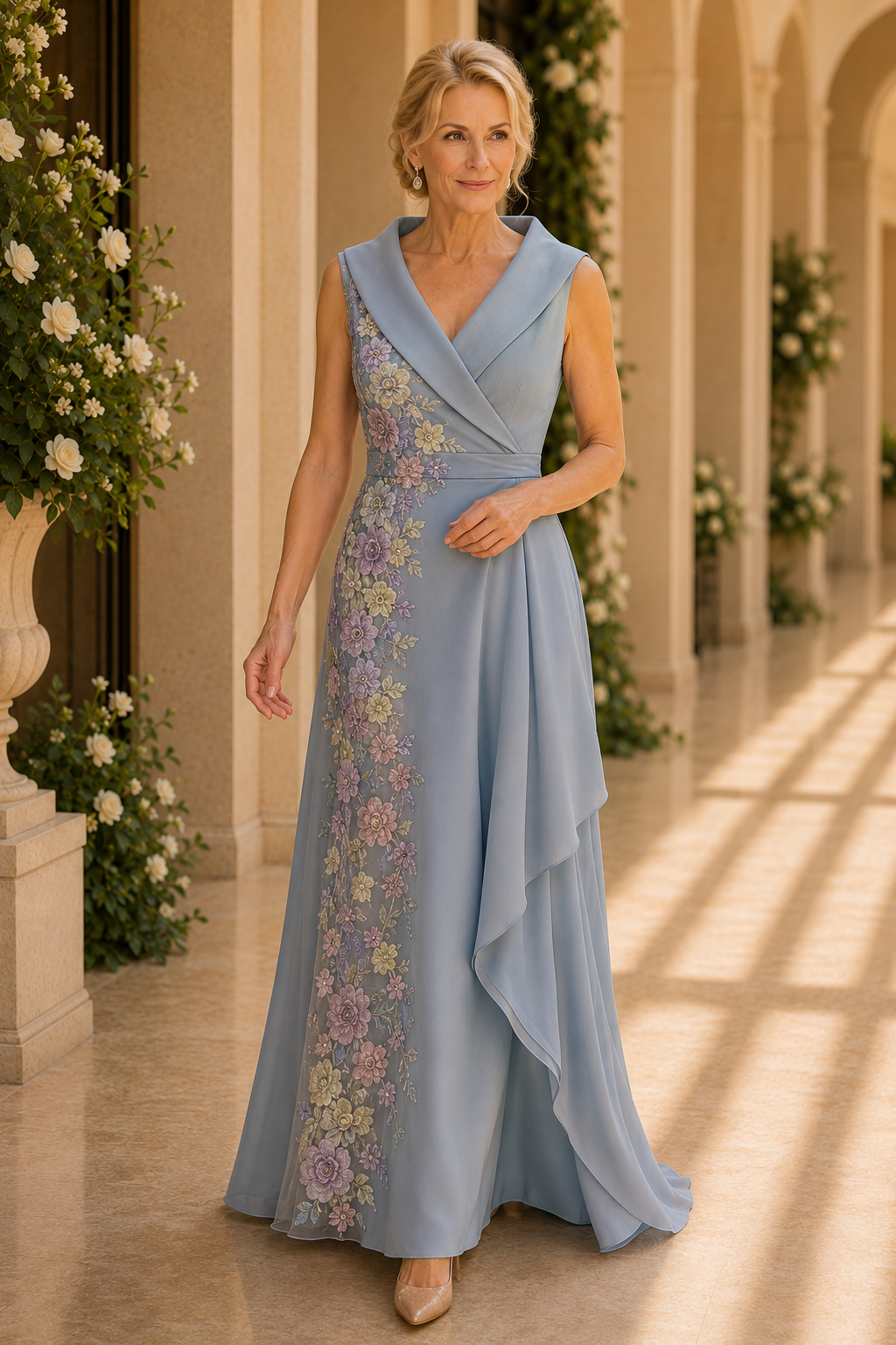 Floral Embroidered Shawl Collar A-Line Gown