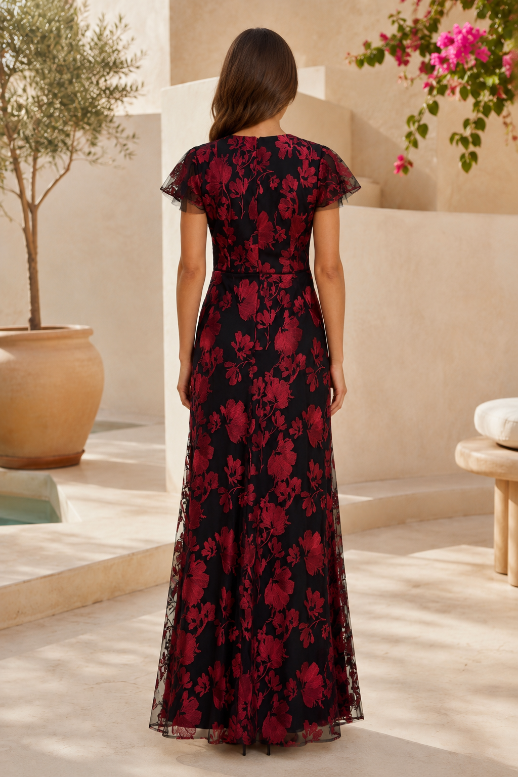 Floral Embroidered Mesh V-Neck Maxi Dress