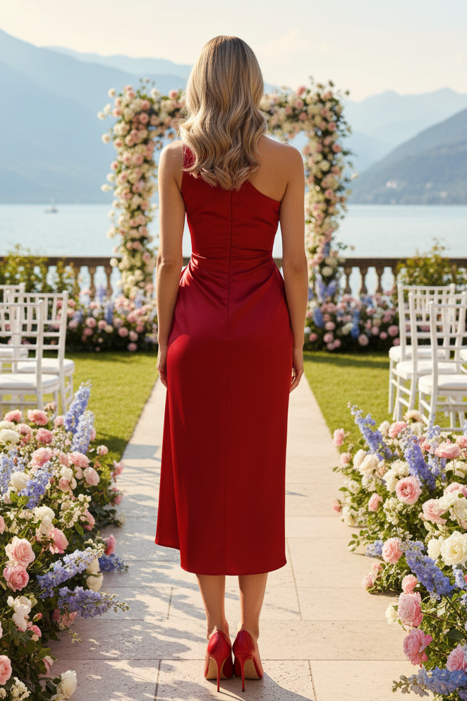 One Shoulder Satin Draped Midi Dress