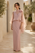 High Neck Sheath Column Gown with Floral Cape