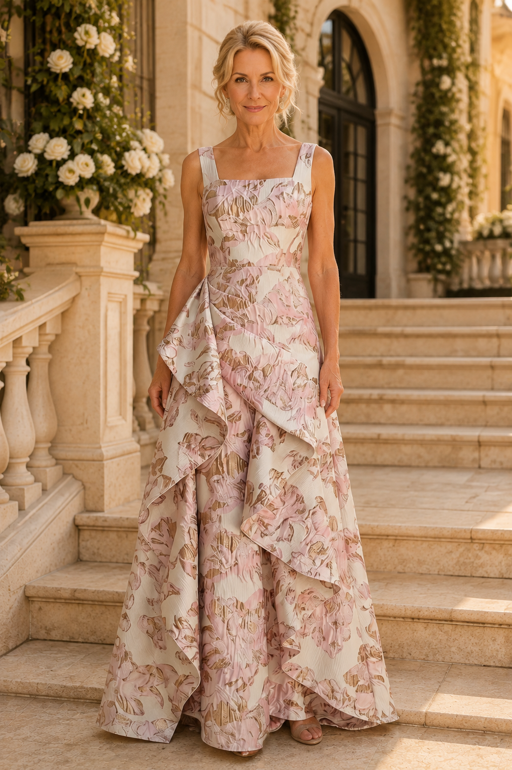 Floral Jacquard Asymmetrical Draped Evening Gown