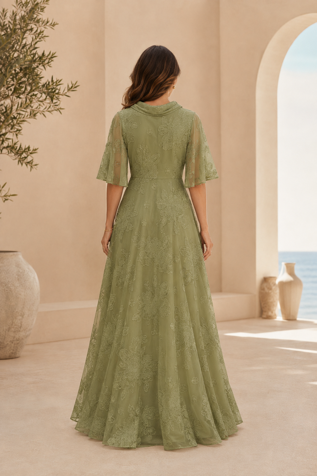 Cowl Neck Lace A-Line Gown with Flutter Sleeves
