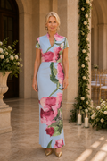 Floral Print Short Sleeve Column Maxi Dress