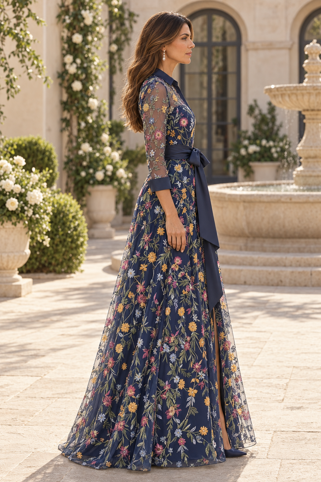 Floral Embroidered 3/4 Sleeve Evening Gown