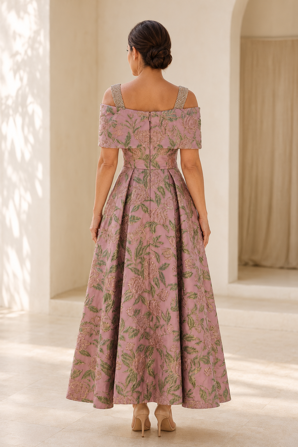 Floral Jacquard Off-the-Shoulder A-Line Evening Gown