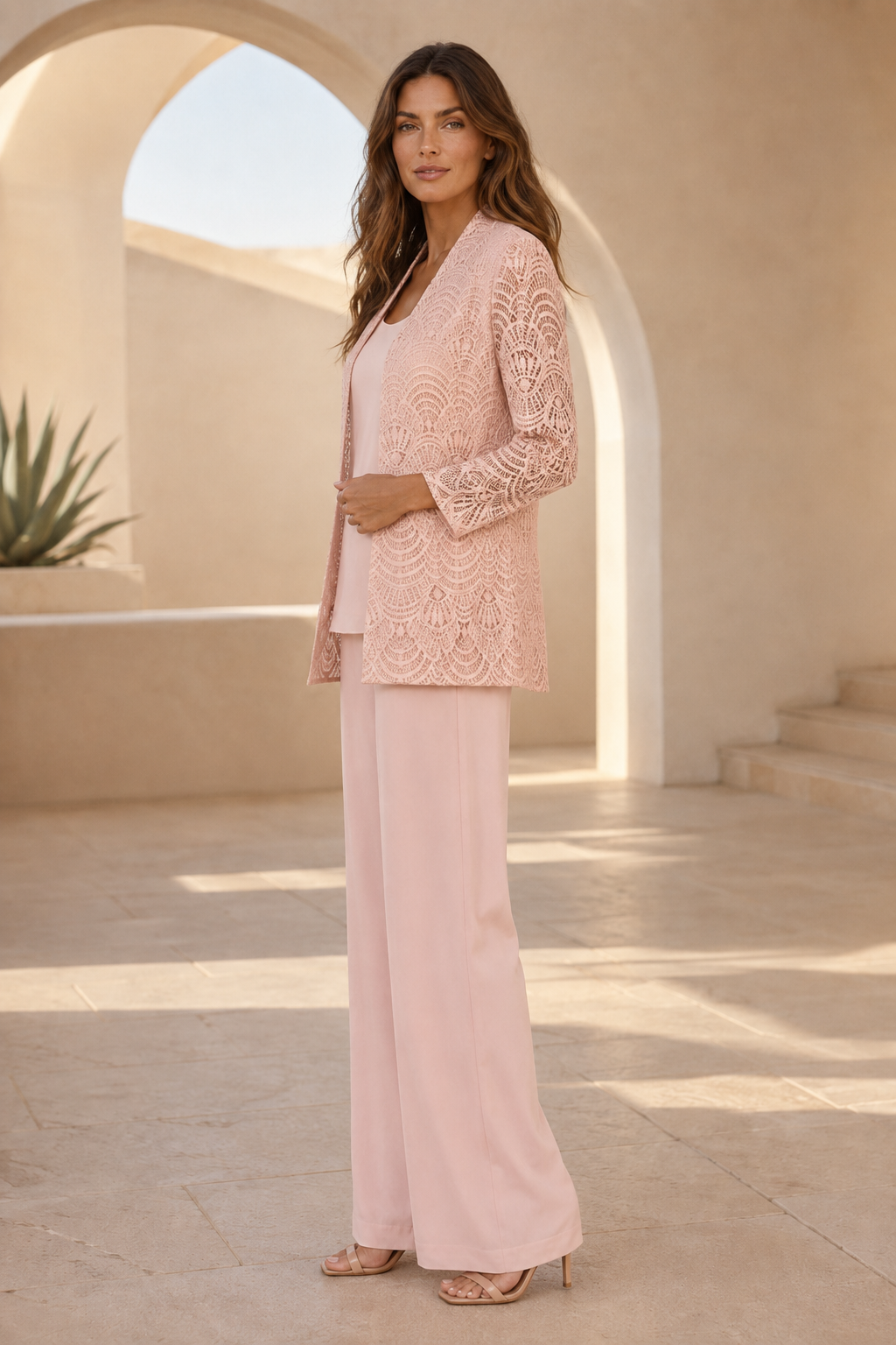 Scalloped Lace Jacket Wide-Leg Pantsuit