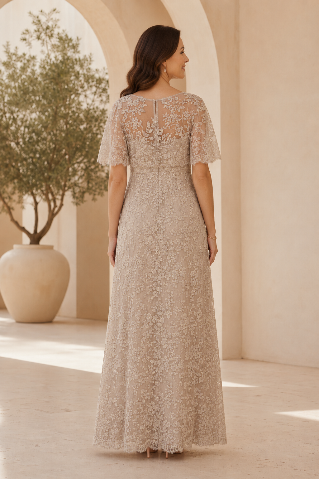 Lace Flutter Sleeve Empire Waist Evening Gown
