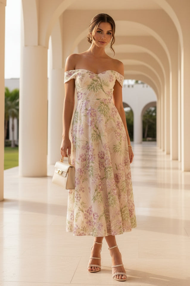 Off Shoulder Floral Sequin Midi A-Line Dress