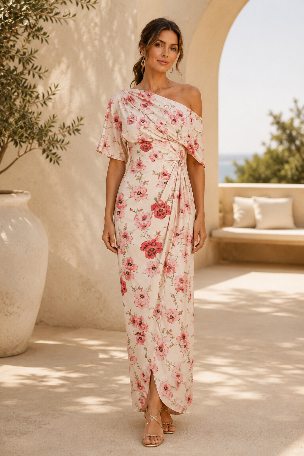 One-Shoulder Floral Draped Maxi Dress
