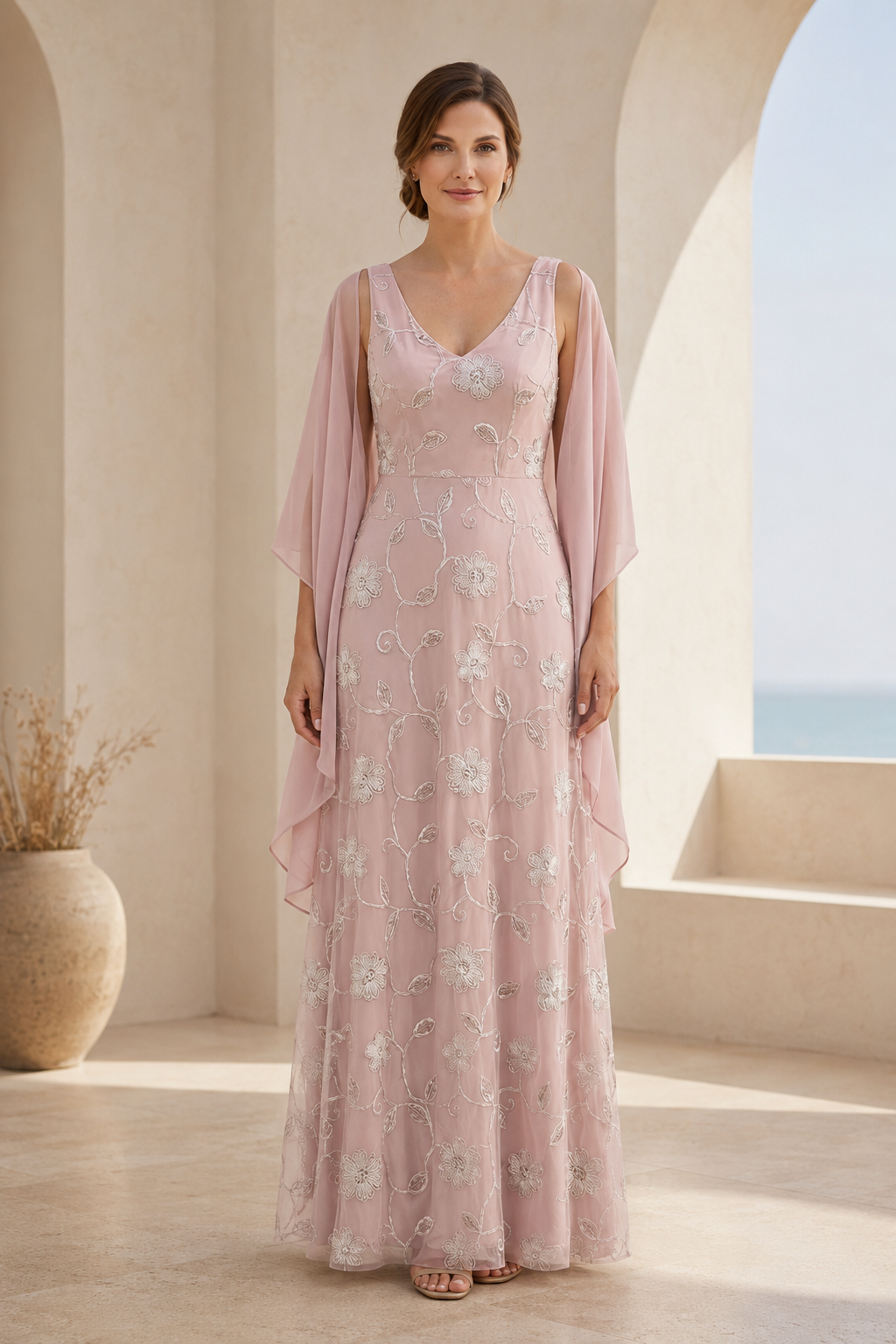 Floral Embroidered V-Neck Gown with Chiffon Shawl