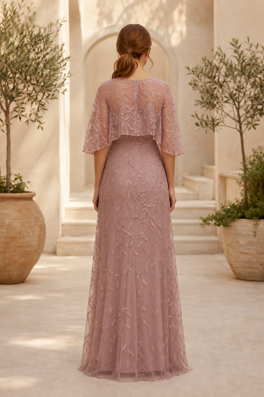 Illusion Cape Sleeve Glitter Leaf Evening Gown