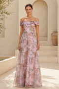 Off-the-Shoulder Floral Print A-Line Evening Gown