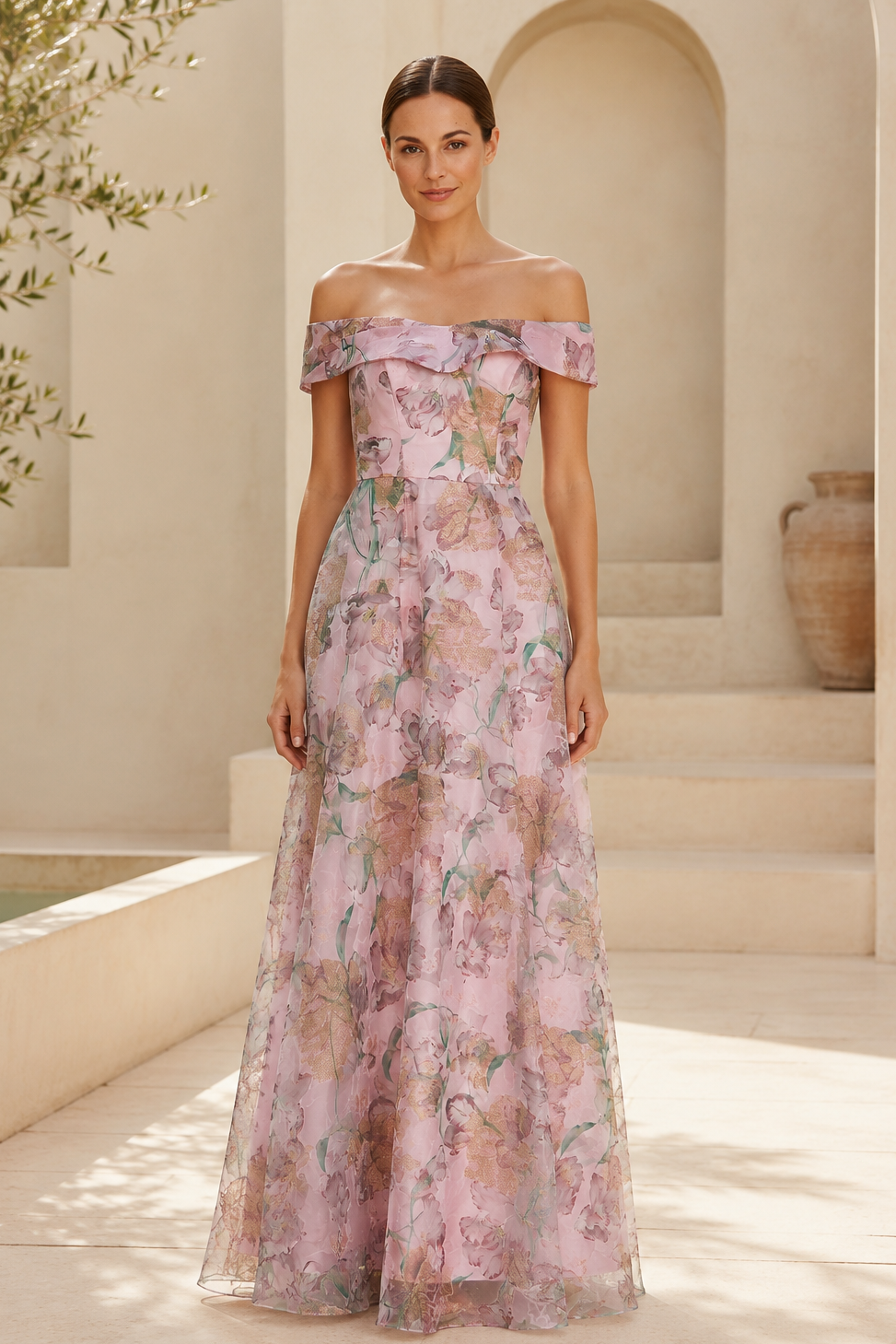 Off-the-Shoulder Floral Print A-Line Evening Gown