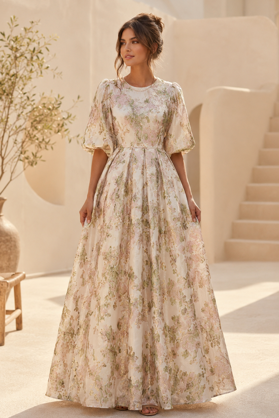 Floral Jacquard A-Line Maxi Dress with Elbow Sleeves