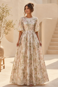 Floral Jacquard A-Line Maxi Dress with Elbow Sleeves
