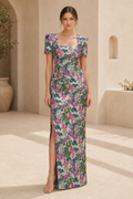 Floral Jacquard Puff Sleeve Maxi Dress with High Slit