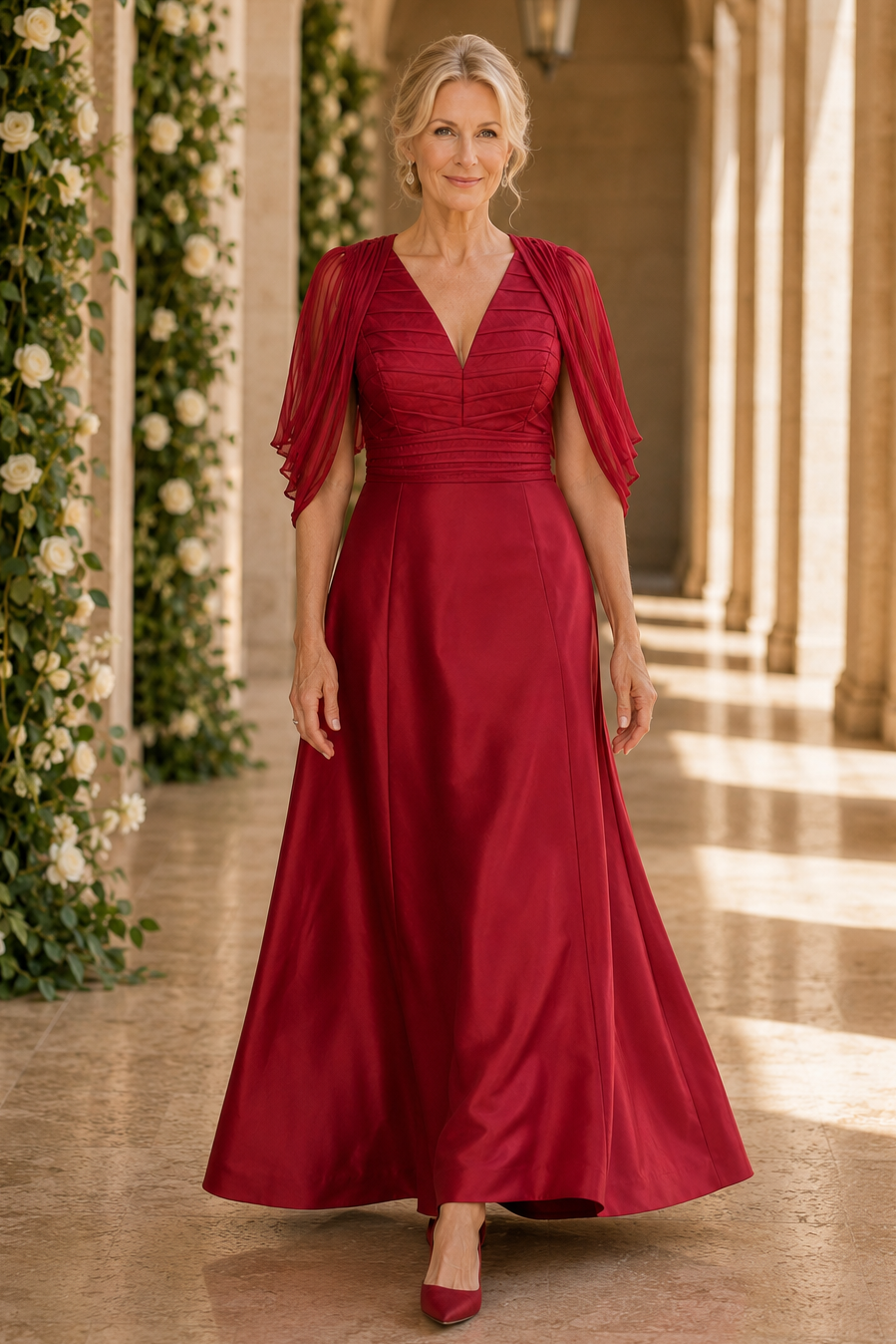 A-Line Gown with Ruched Bodice and Cape Sleeves