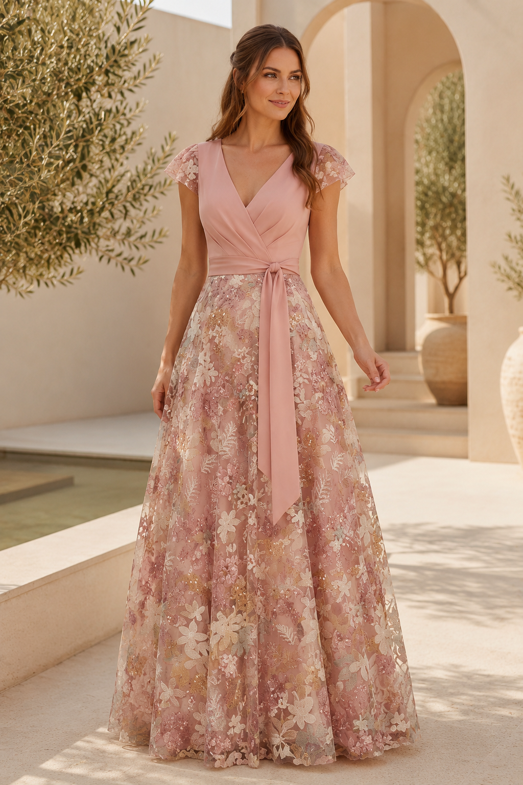 V-Neck A-Line Lace Evening Gown with Sash
