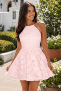 Lace Halter Open Back Fit and Flare Mini Dress