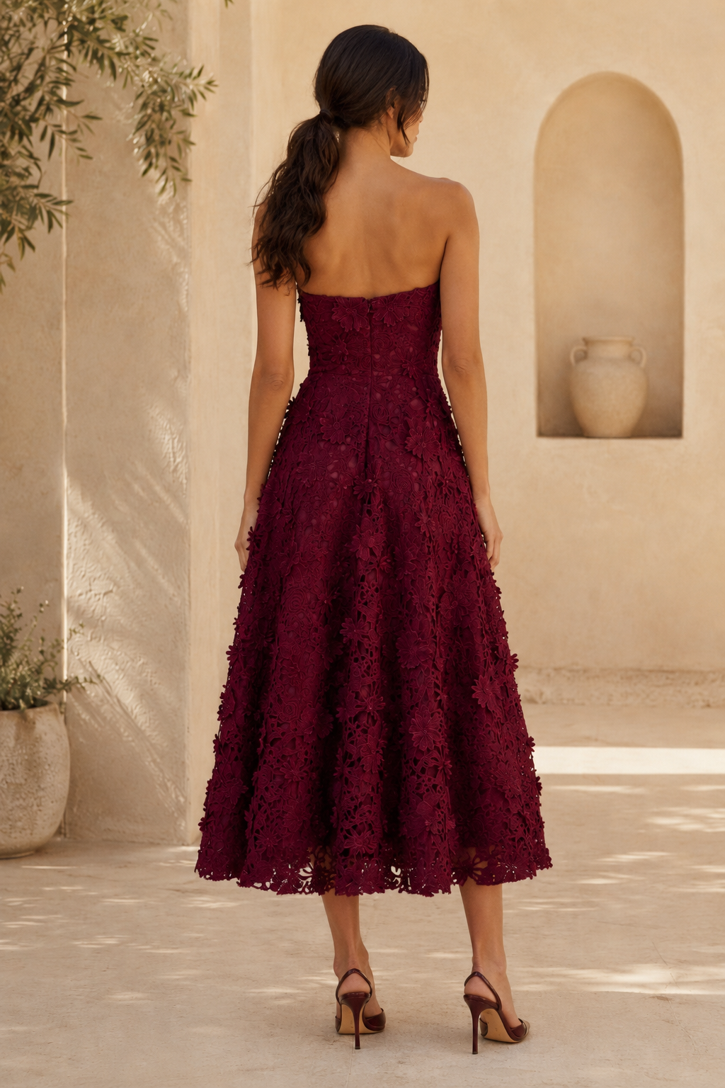 Strapless 3D Floral Lace A-Line Tea-Length Dress