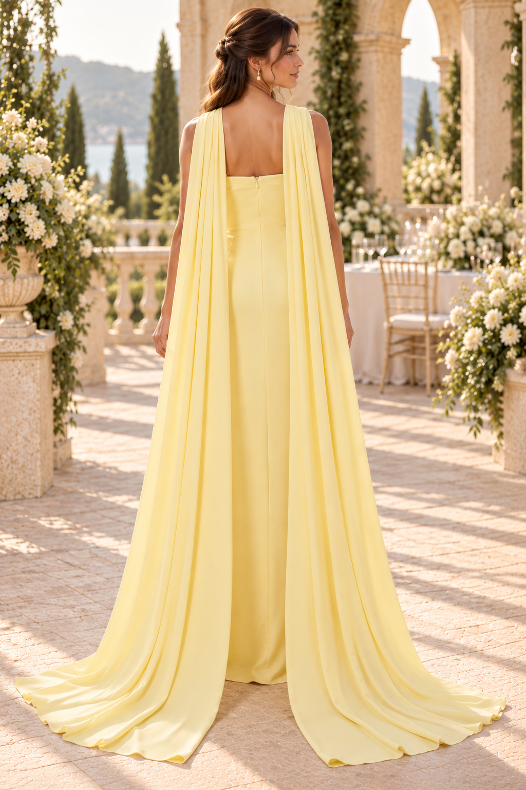 Crossed Neckline Cape Evening Gown