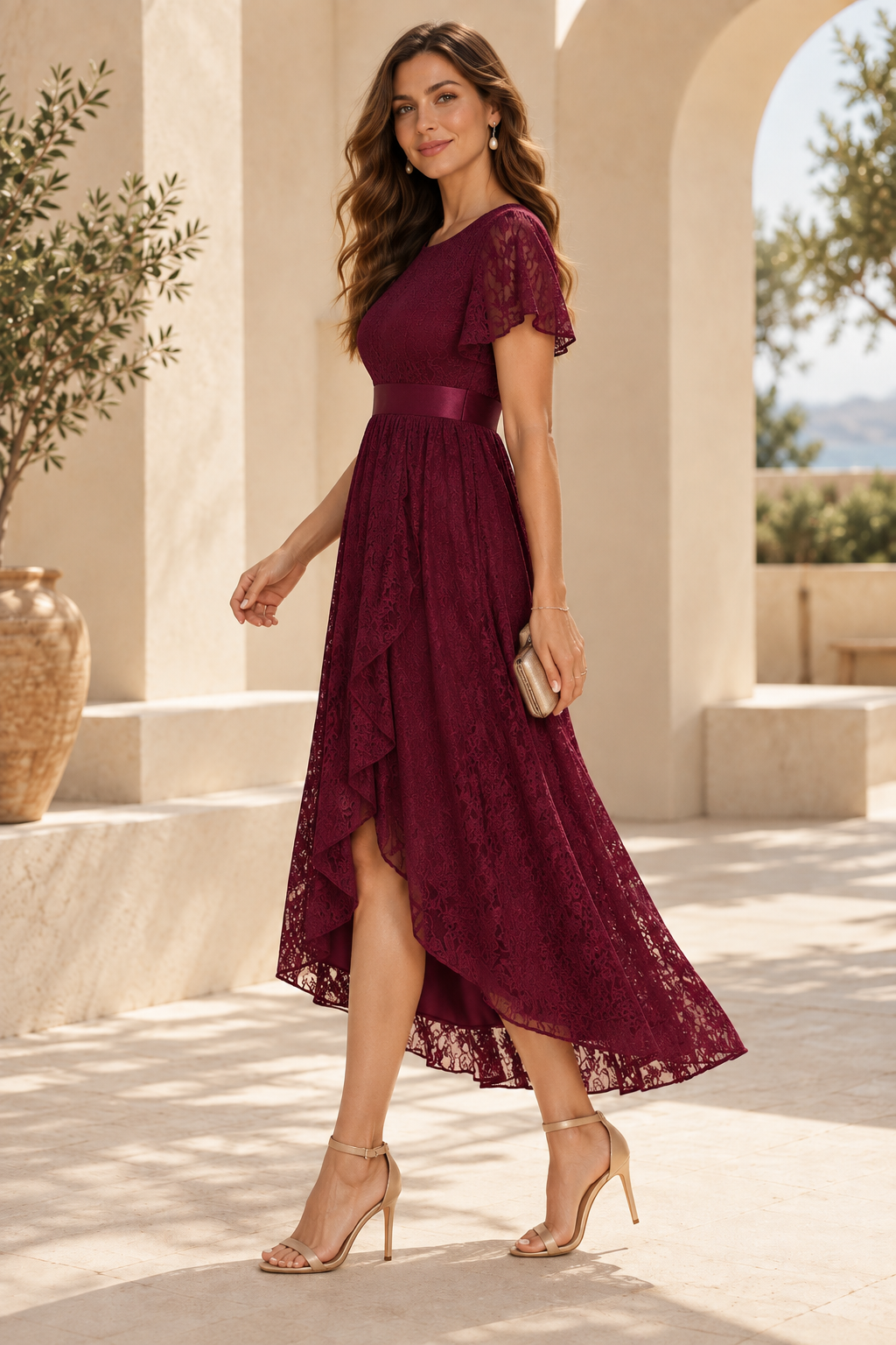 Lace High-Low Dress with Flutter Sleeves