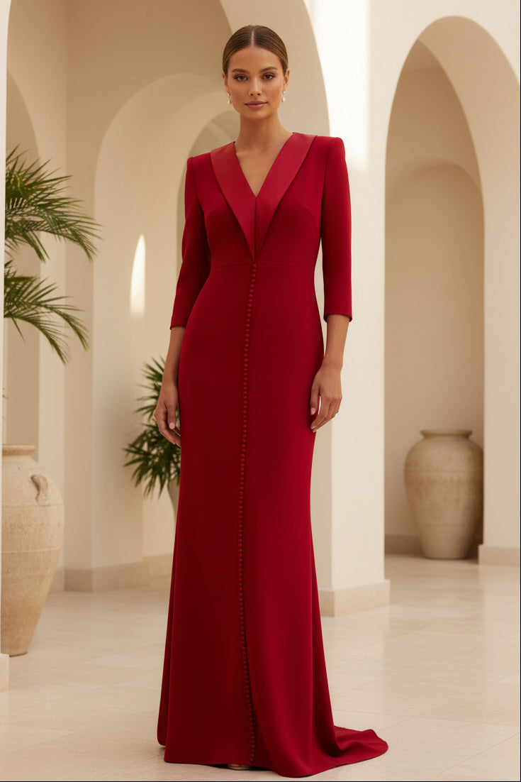 Elegant 3/4 Sleeve Column Gown with Satin Collar