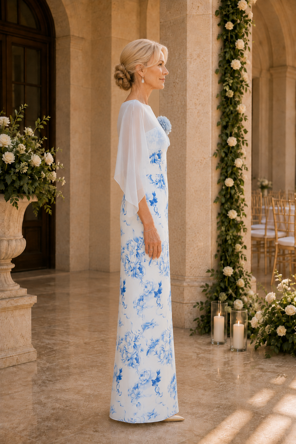 Floral Column Gown with Sheer Capelet