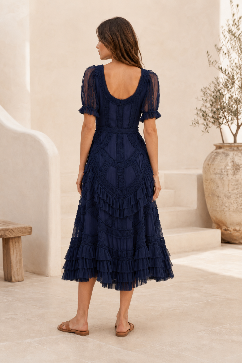 Tiered Ruffle Mesh Midi Dress with Sheer Sleeves
